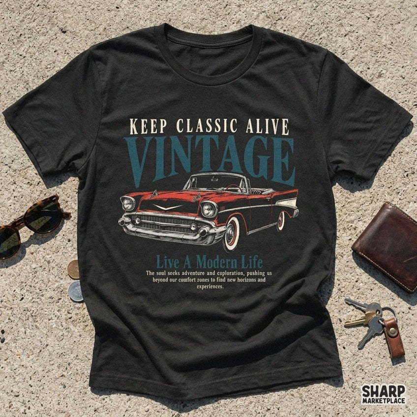 Vintage retro car graphic design with classic racing theme for t-shirt sublimation and print on demand projects