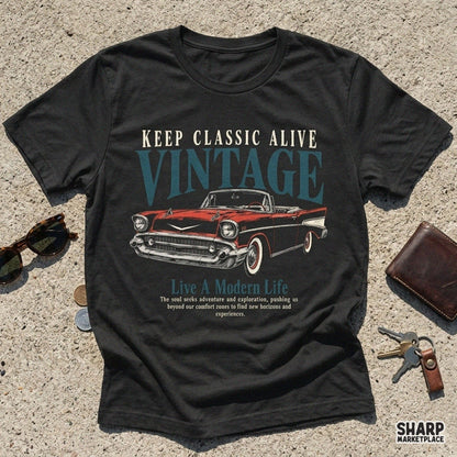 Vintage retro car graphic design with classic racing theme for t-shirt sublimation and print on demand projects