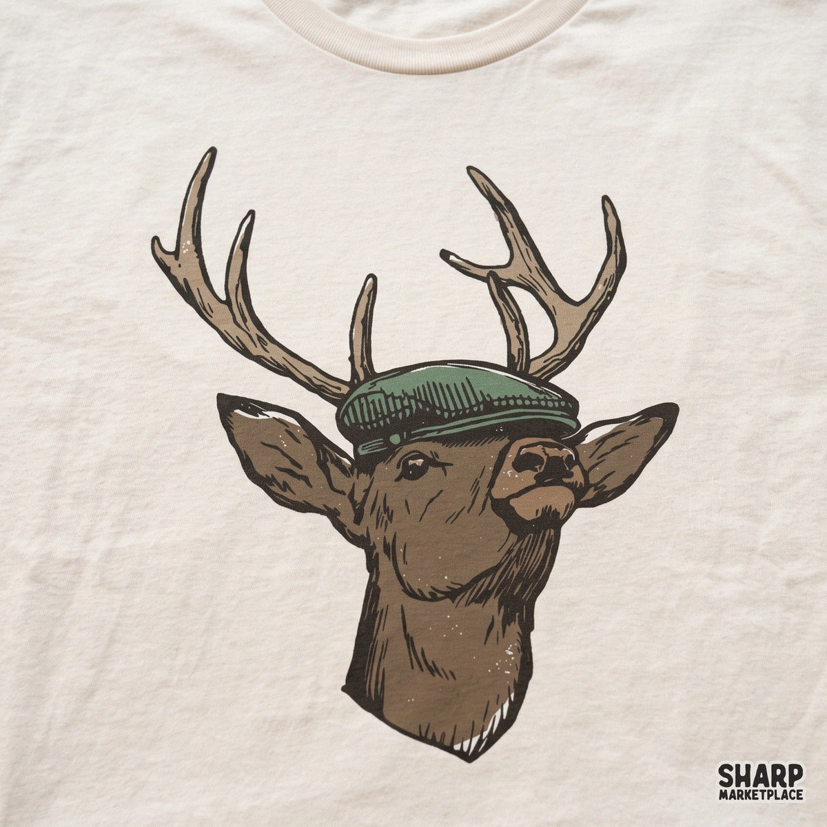 Vintage deer head wearing a green flat cap illustration, funny retro hunting png graphic for fall apparel and t-shirts