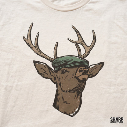 Vintage deer head wearing a green flat cap illustration, funny retro hunting png graphic for fall apparel and t-shirts
