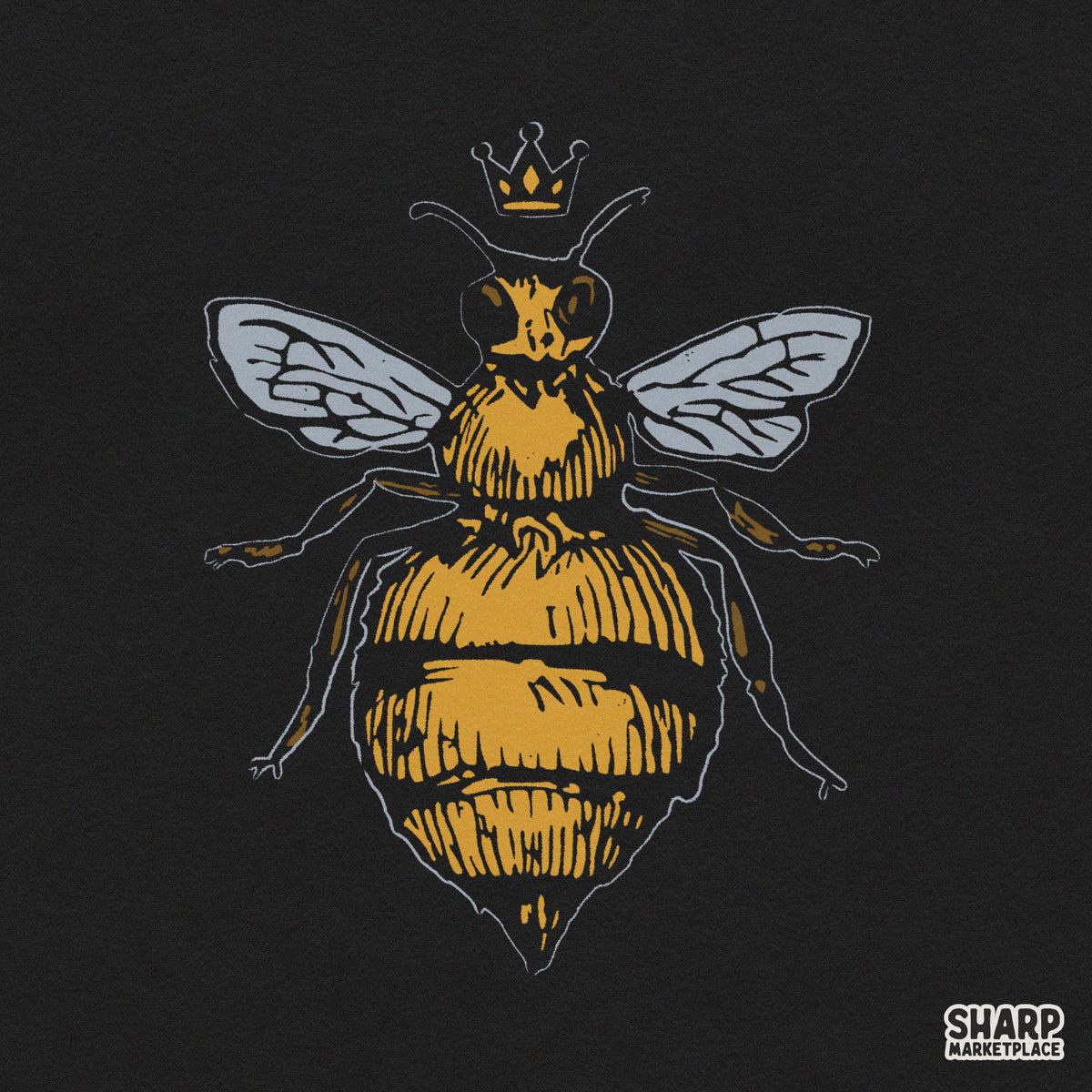 Queen Bee With Crown Vintage Linocut Illustration PNG