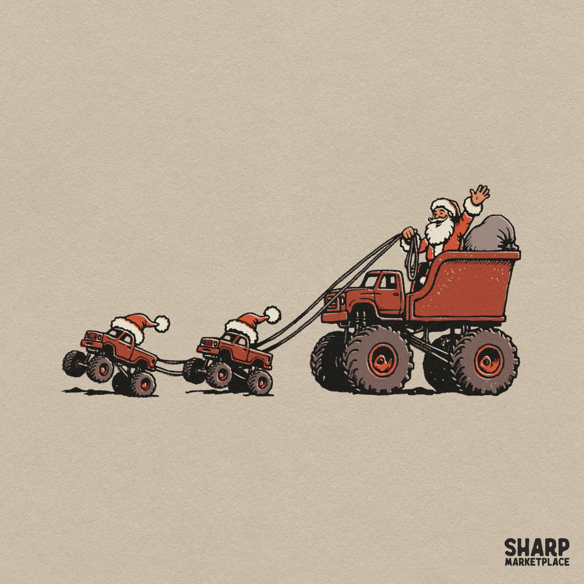 Santa driving a red monster truck sleigh Christmas PNG sublimation clipart for holiday boys shirts and kids crafts
