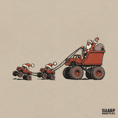 Santa driving a red monster truck sleigh Christmas PNG sublimation clipart for holiday boys shirts and kids crafts