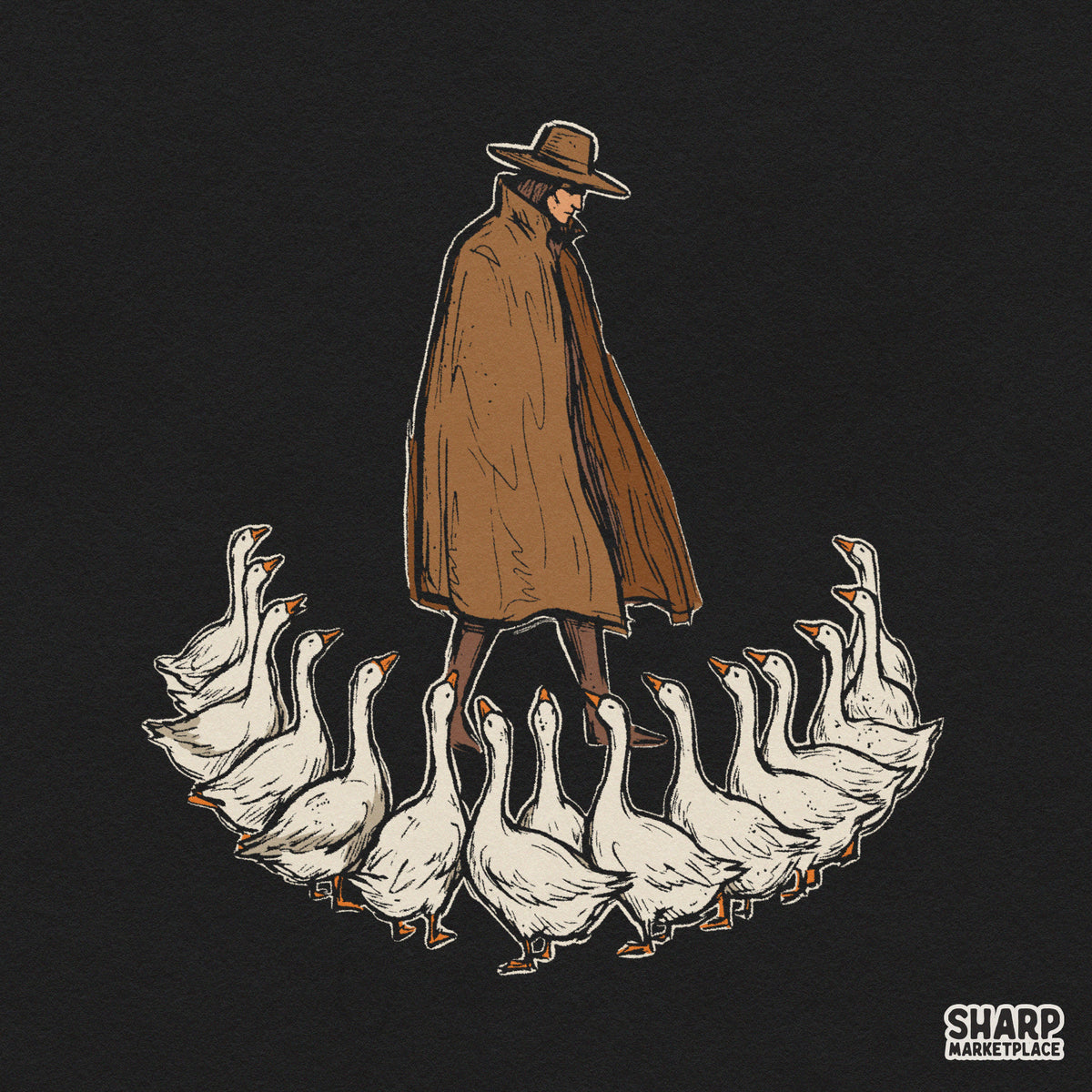 Vintage drawing of a man followed by geese for funny retro png shirt graphic print on demand design
