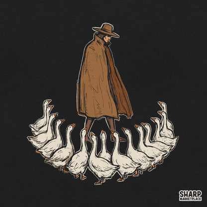 Vintage drawing of a man followed by geese for funny retro png shirt graphic print on demand design