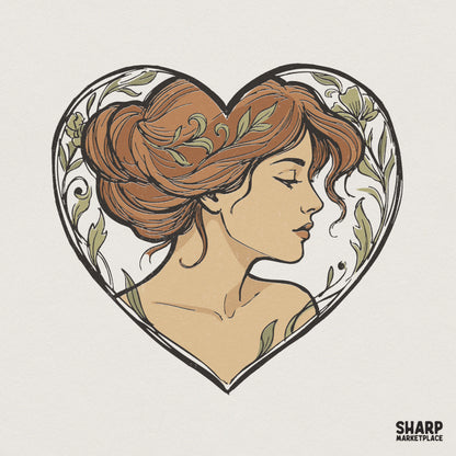 Art Nouveau style portrait of an elegant woman with flowing hair and floral vines inside a heart shape, earthy ochre and sage green tones.