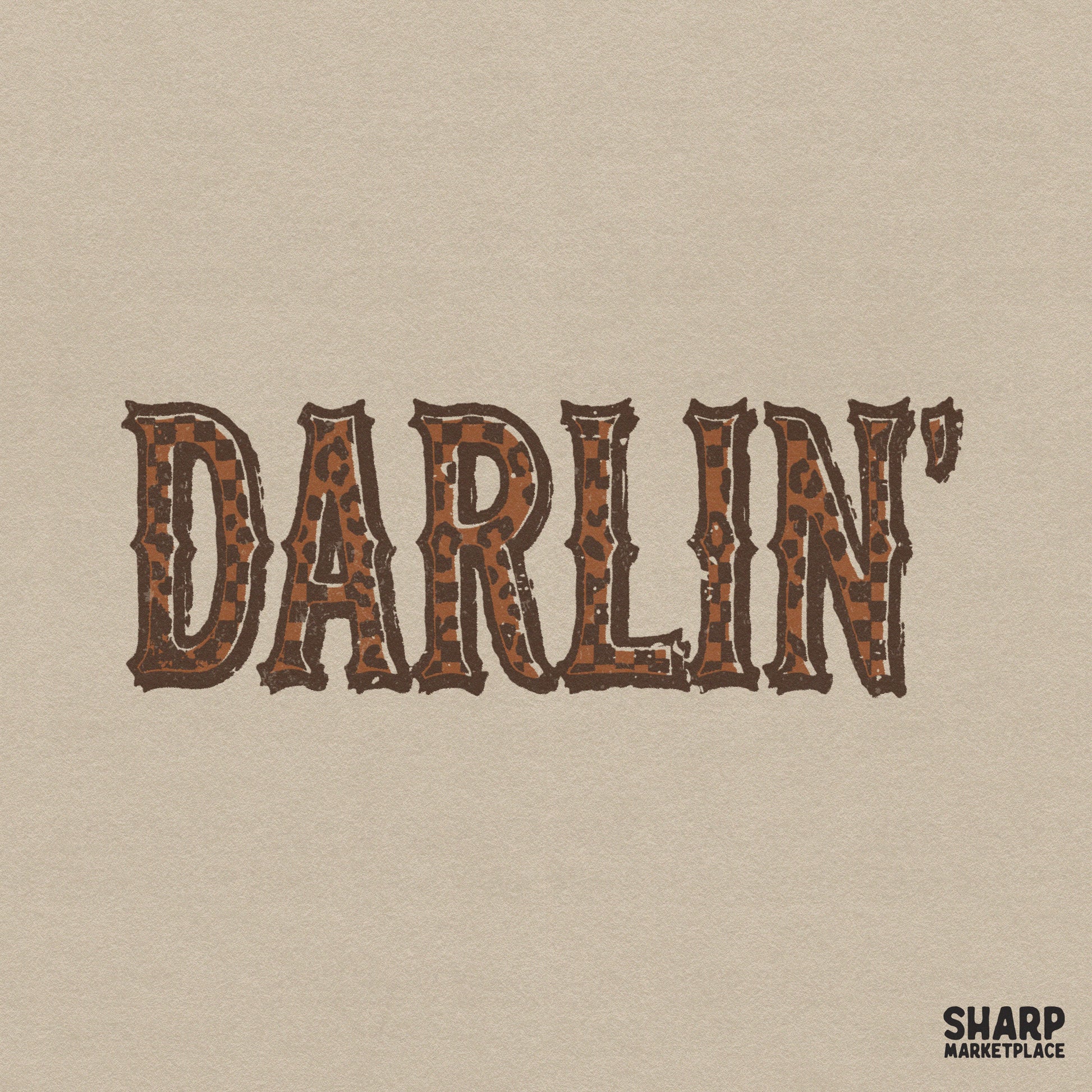 Darlin text design featuring rustic western slab-serif letters with a brown leopard print and checkerboard pattern for sublimation and apparel.
