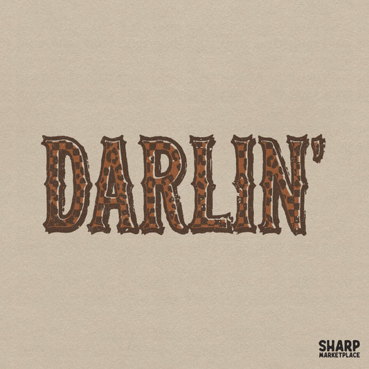 Darlin text design featuring rustic western slab-serif letters with a brown leopard print and checkerboard pattern for sublimation and apparel.