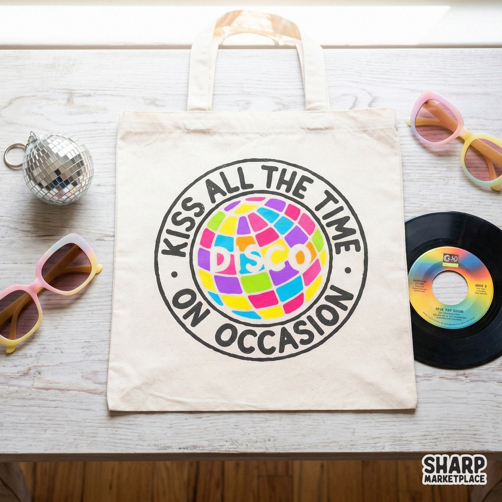 Groovy retro badge illustration with a vibrant grid-patterned disco ball and bold text for DIY stickers, tumblers, and print-on-demand projects.