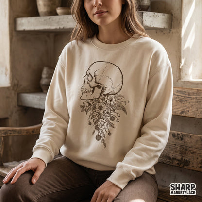 Vintage side profile skull with wildflowers botanical art for dark academia shirts and dtf sublimation projects