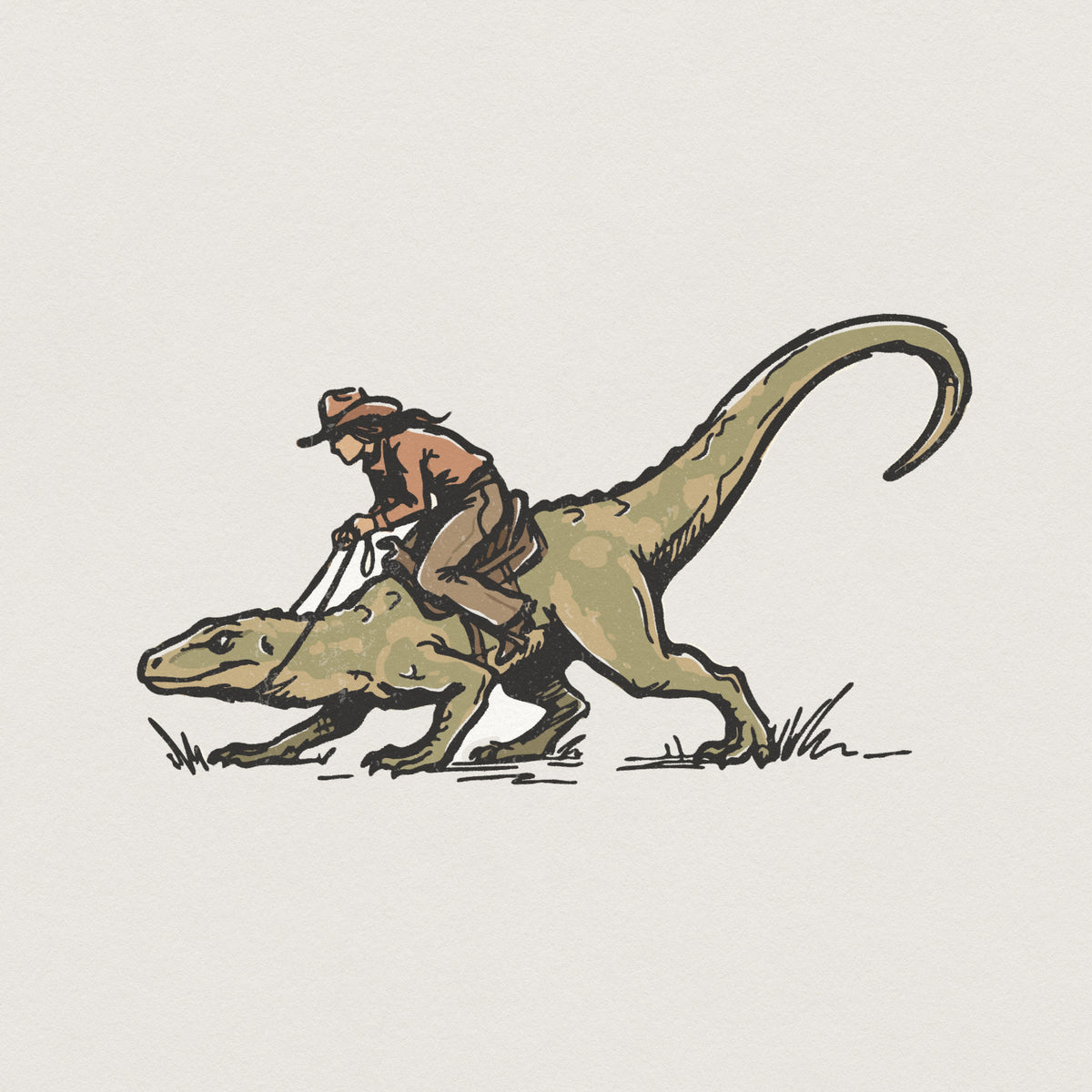 Hand-drawn illustration of a cowboy in a wide-brimmed hat riding a large prehistoric reptile, featuring vintage earthy tones for western apparel.