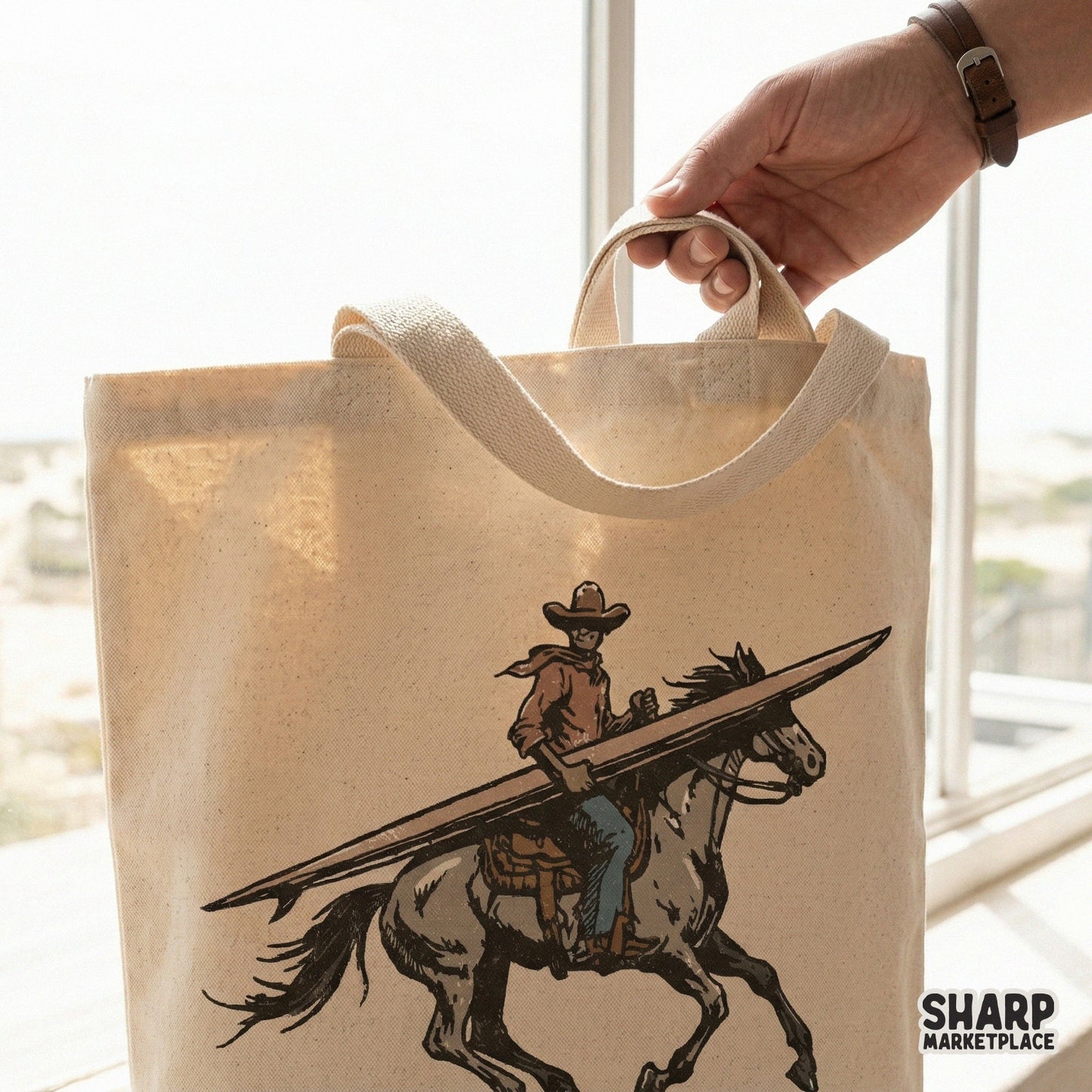 Hand-drawn coastal rider graphic featuring a cowboy and surfboard on a horse, presented as a high-quality digital design for apparel printing.