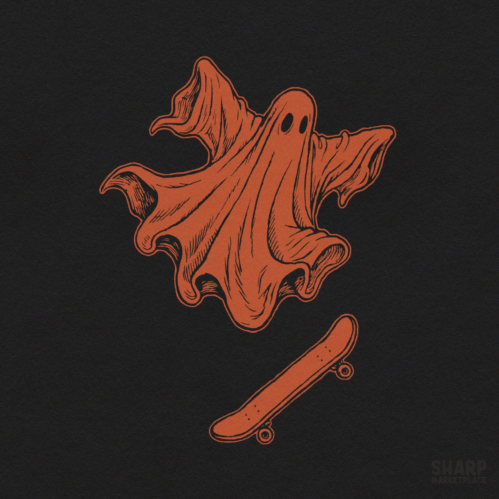 Orange skater ghost riding a skateboard retro spooky Halloween PNG digital design for cute spooky season shirts and stickers