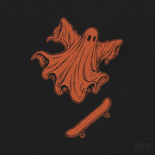 Orange skater ghost riding a skateboard retro spooky Halloween PNG digital design for cute spooky season shirts and stickers