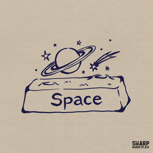Hand-drawn indigo blue space illustration featuring a ringed planet, shooting star, and a boxy label with the word Space for sublimation projects.