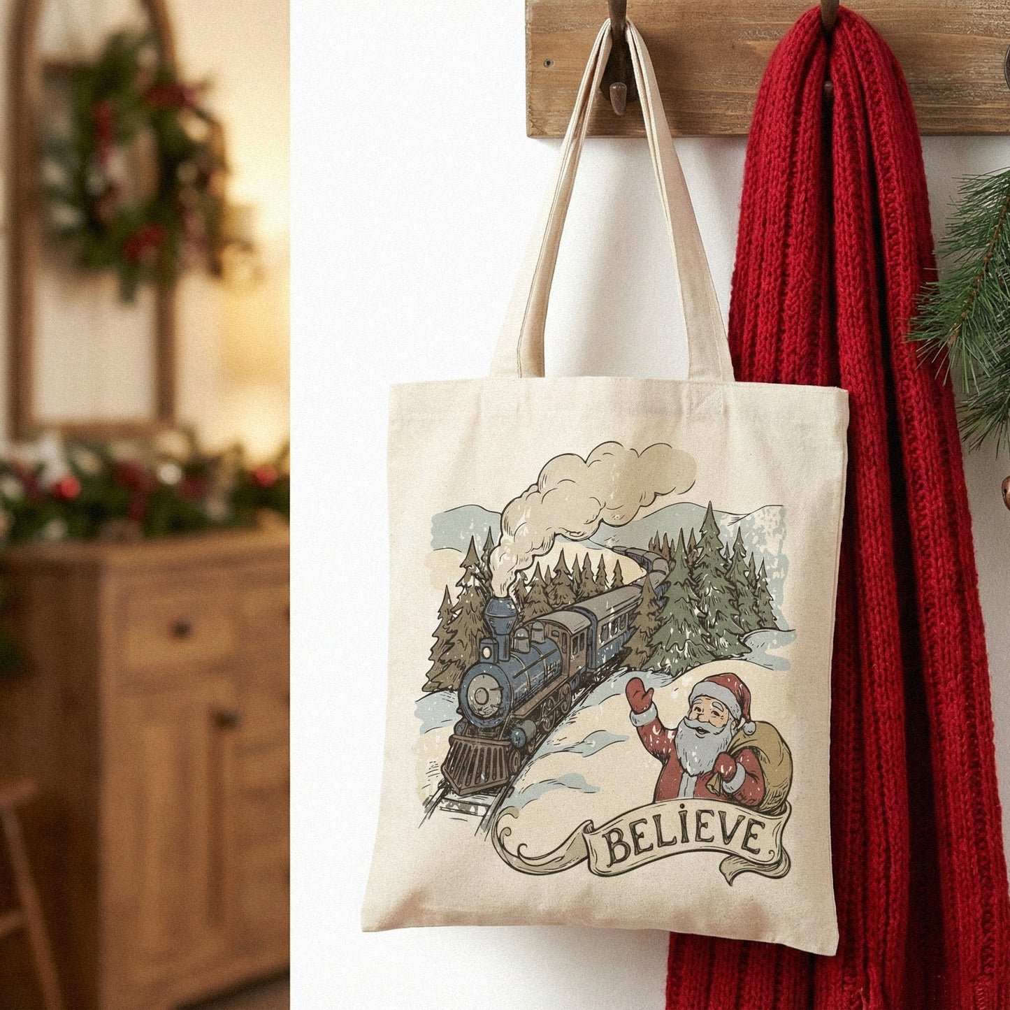 Believe Christmas Santa Train PNG, Vintage Winter Holiday Art - 300 DPI