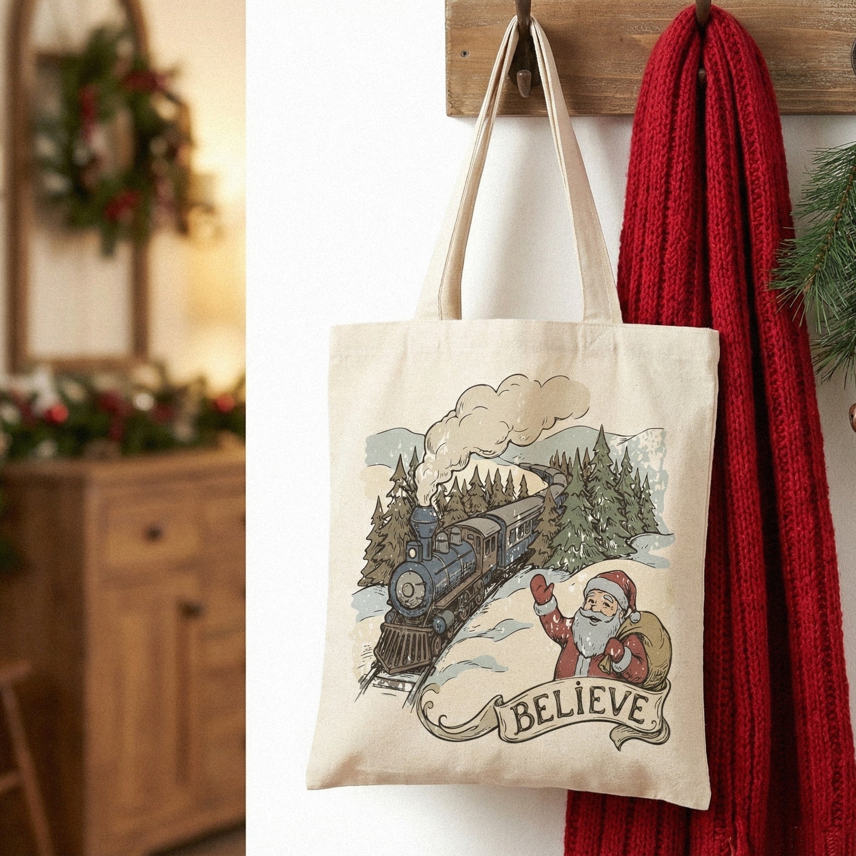 Believe Christmas Santa Train PNG, Vintage Winter Holiday Art - 300 DPI