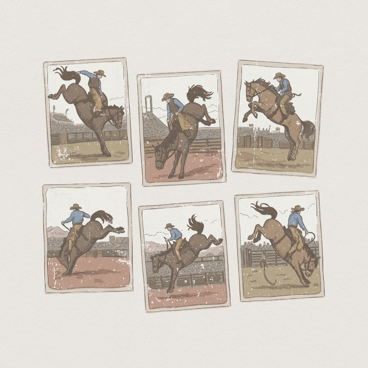Vintage western rodeo PNG featuring six hand-drawn sketches of cowboys riding bucking broncos, perfect for rustic shirt designs and sublimation.