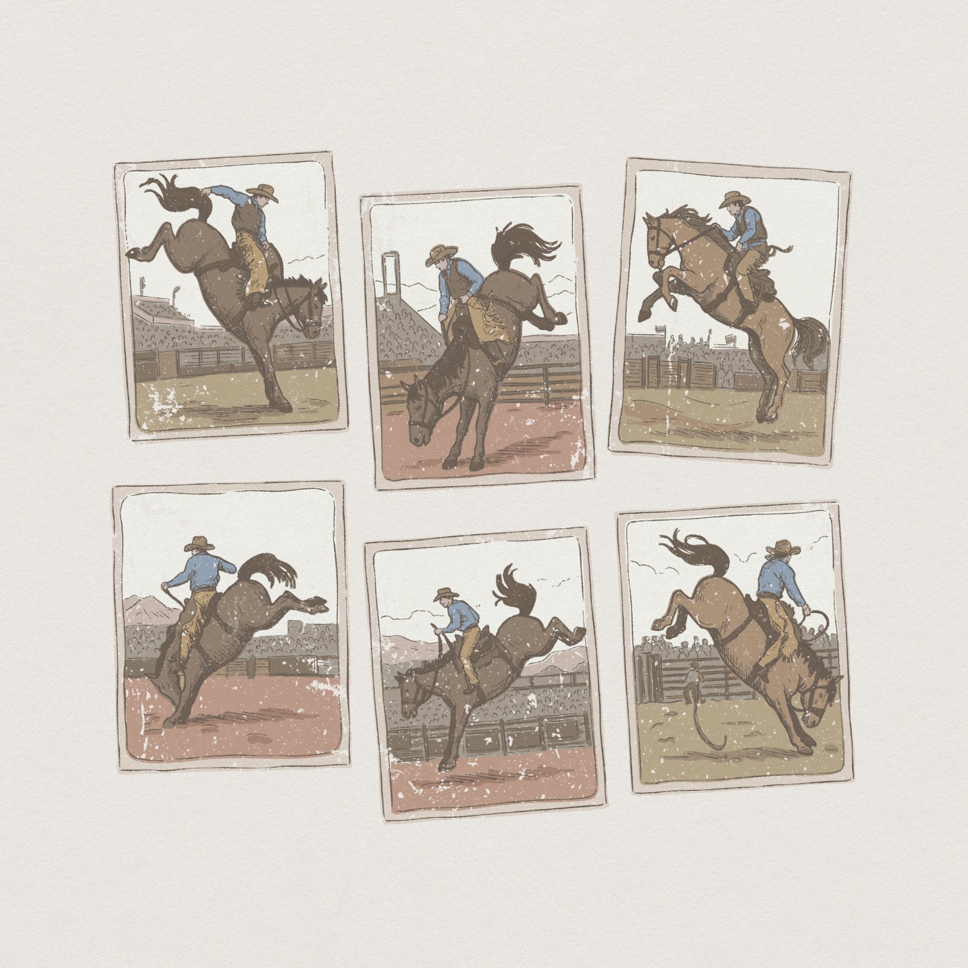 Vintage western rodeo PNG featuring six hand-drawn sketches of cowboys riding bucking broncos, perfect for rustic shirt designs and sublimation.