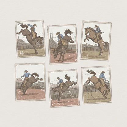 Vintage western rodeo PNG featuring six hand-drawn sketches of cowboys riding bucking broncos, perfect for rustic shirt designs and sublimation.