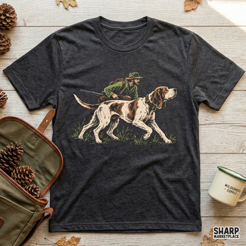 Pointer dog leading a rifle hunter in the wilderness classic western hunting png design for shirt sublimation