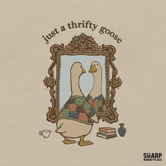 Funny thrifty goose looking in a vintage mirror cottagecore sublimation design for retro shirts