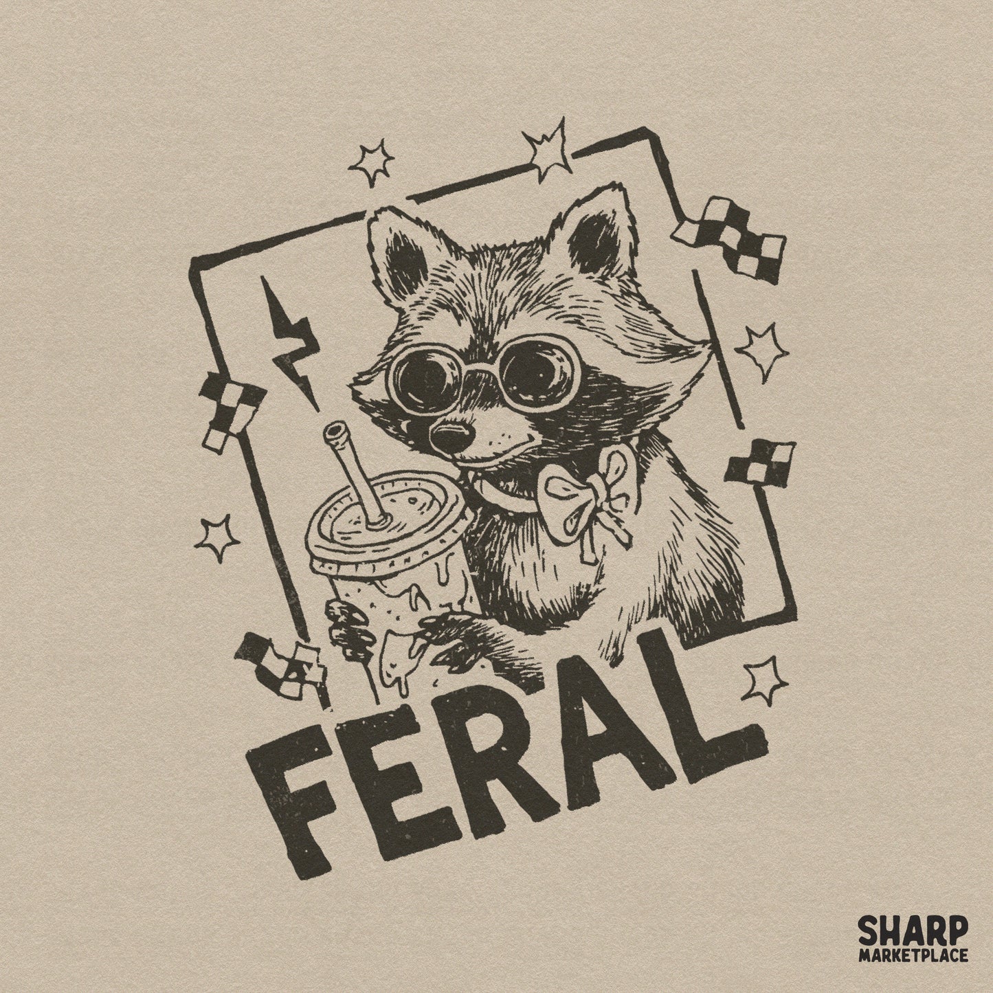 Retro black ink illustration of a raccoon wearing sunglasses and a bow tie, holding a snack cup, with the word Feral and decorative stars and flags.