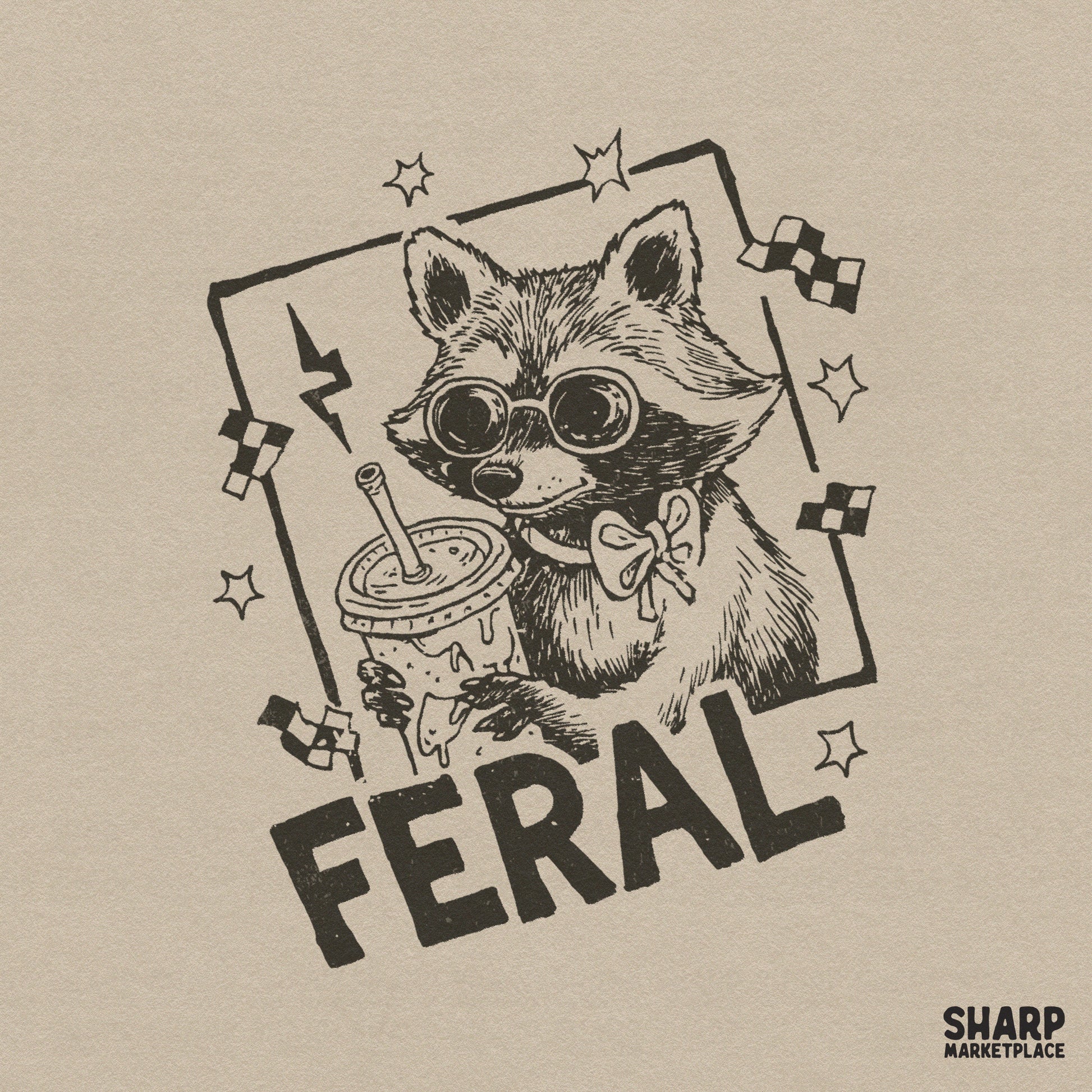 Retro black ink illustration of a raccoon wearing sunglasses and a bow tie, holding a snack cup, with the word Feral and decorative stars and flags.