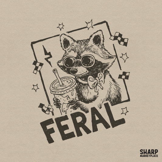 Retro black ink illustration of a raccoon wearing sunglasses and a bow tie, holding a snack cup, with the word Feral and decorative stars and flags.