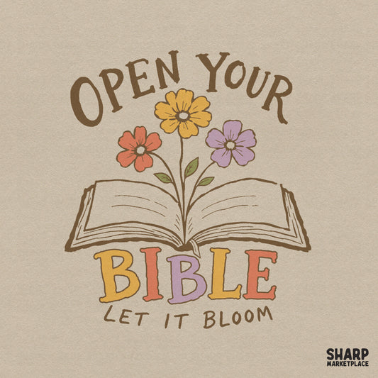 Retro Christian design featuring an open book with colorful orange, yellow, and lavender flowers, with the text Open Your Bible Let It Bloom.