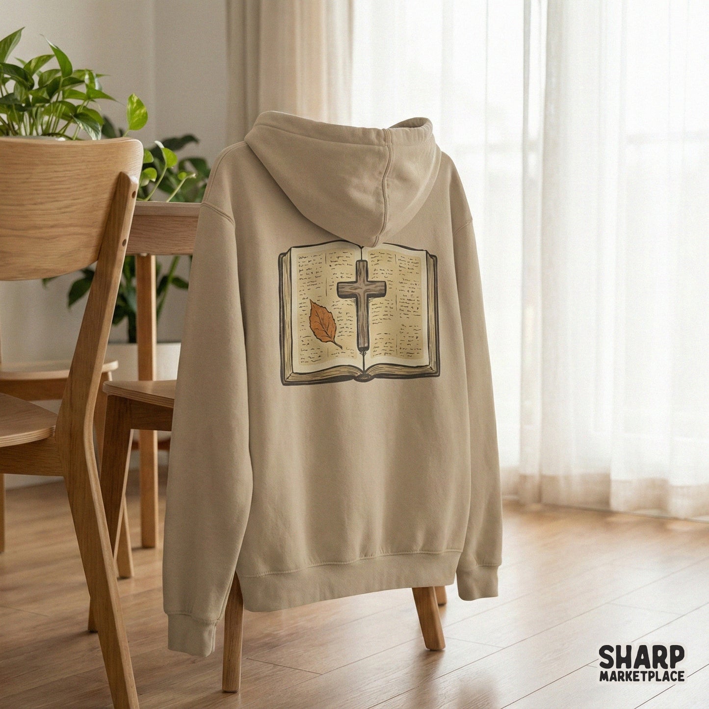 Open Bible PNG With Cross And Autumn Leaf, Religious Printable PNG - 300