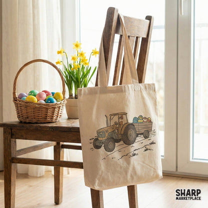 Country-style spring design featuring a vintage tractor and colorful eggs, ideal for custom sublimation tumblers and seasonal apparel projects.