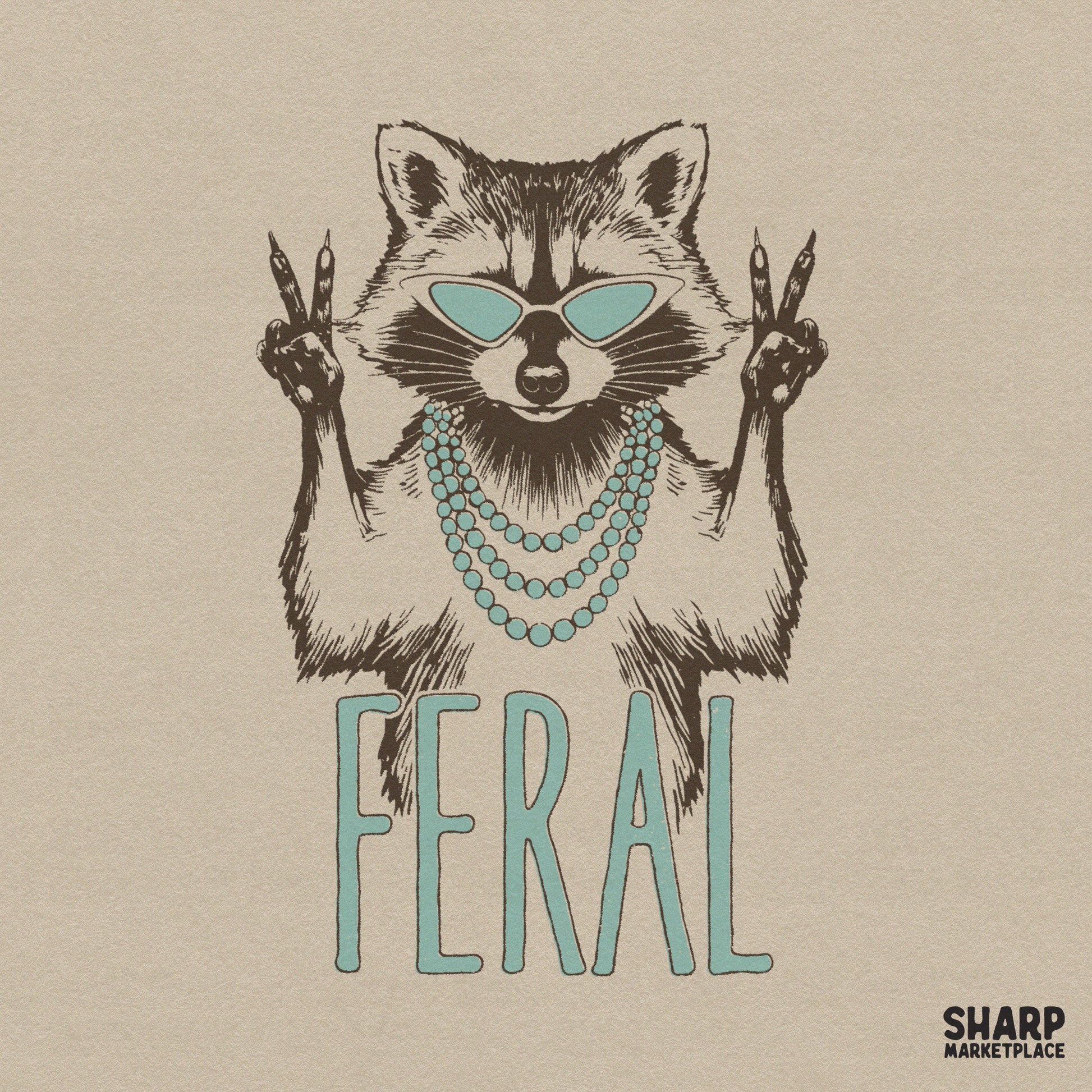 Funny feral raccoon with pearls and sunglasses throwing peace signs for retro animal meme sublimation designs