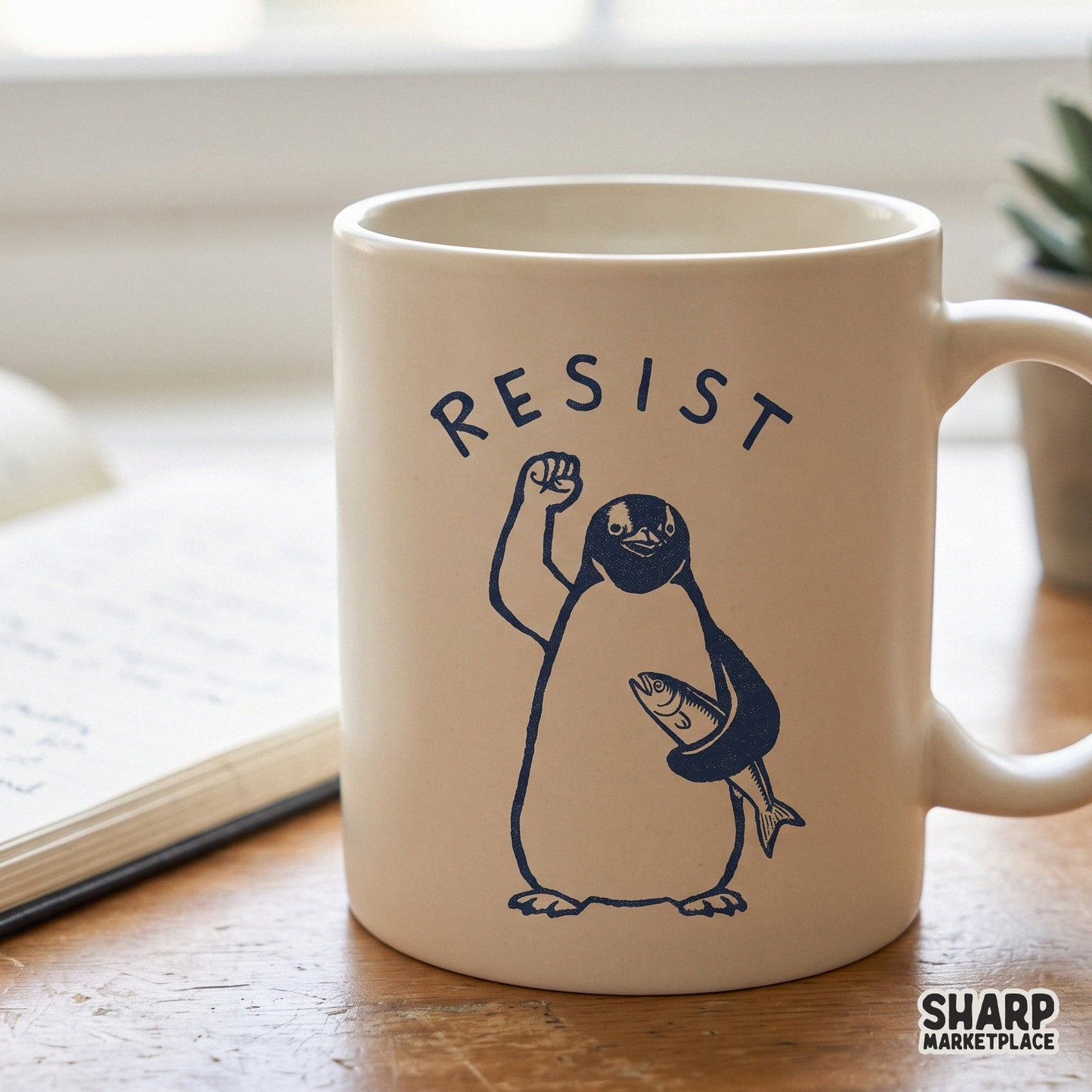 Funny rebellious penguin holding a fish art design for sarcastic shirts and stickers