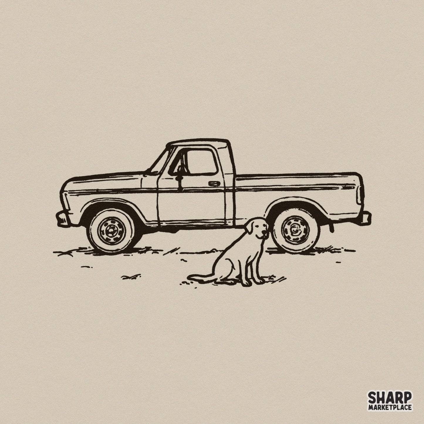 Rustic black line art of a vintage pickup truck with a loyal labrador retriever sitting beside it, perfect for western-themed sublimation projects.