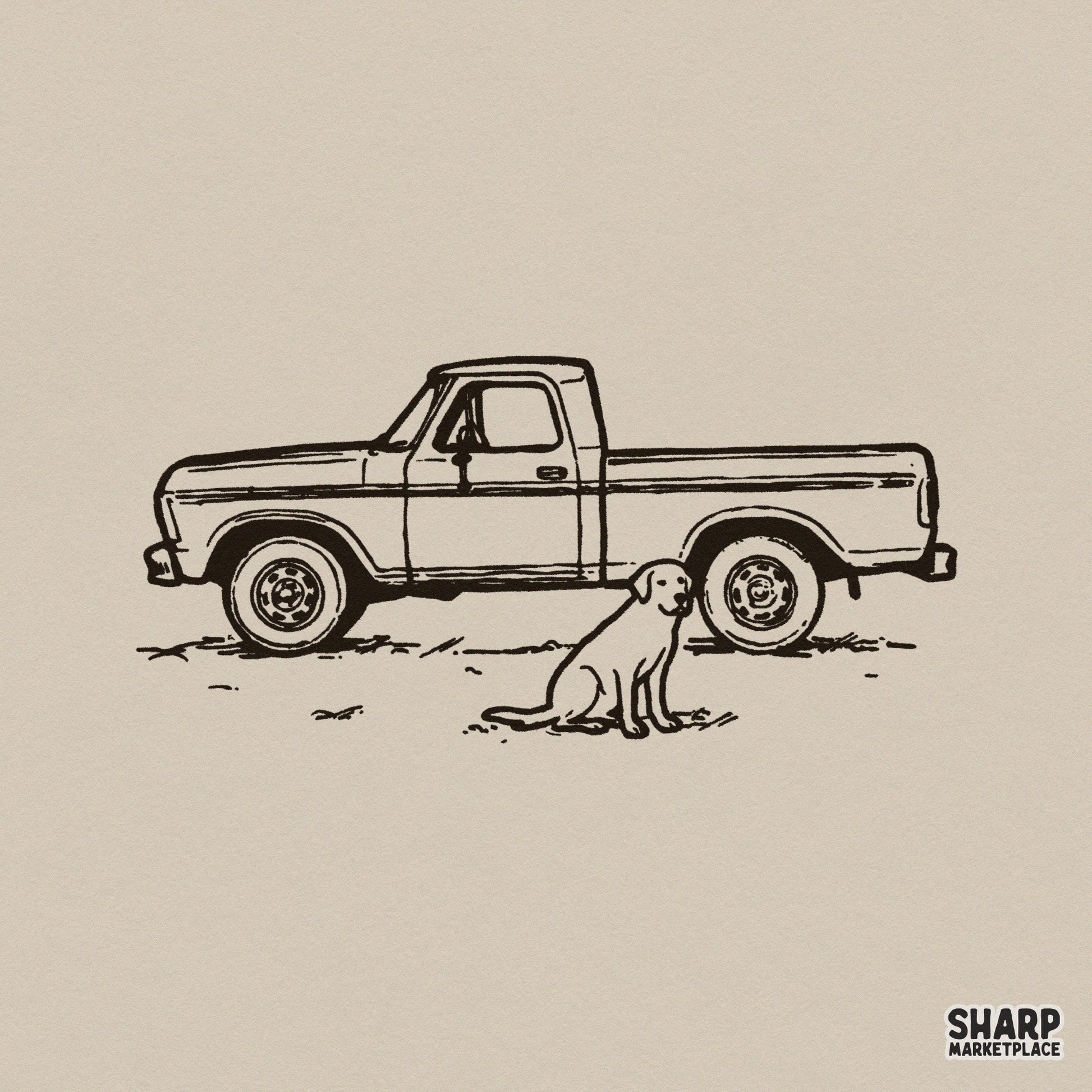 Rustic black line art of a vintage pickup truck with a loyal labrador retriever sitting beside it, perfect for western-themed sublimation projects.
