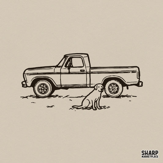 Rustic black line art of a vintage pickup truck with a loyal labrador retriever sitting beside it, perfect for western-themed sublimation projects.
