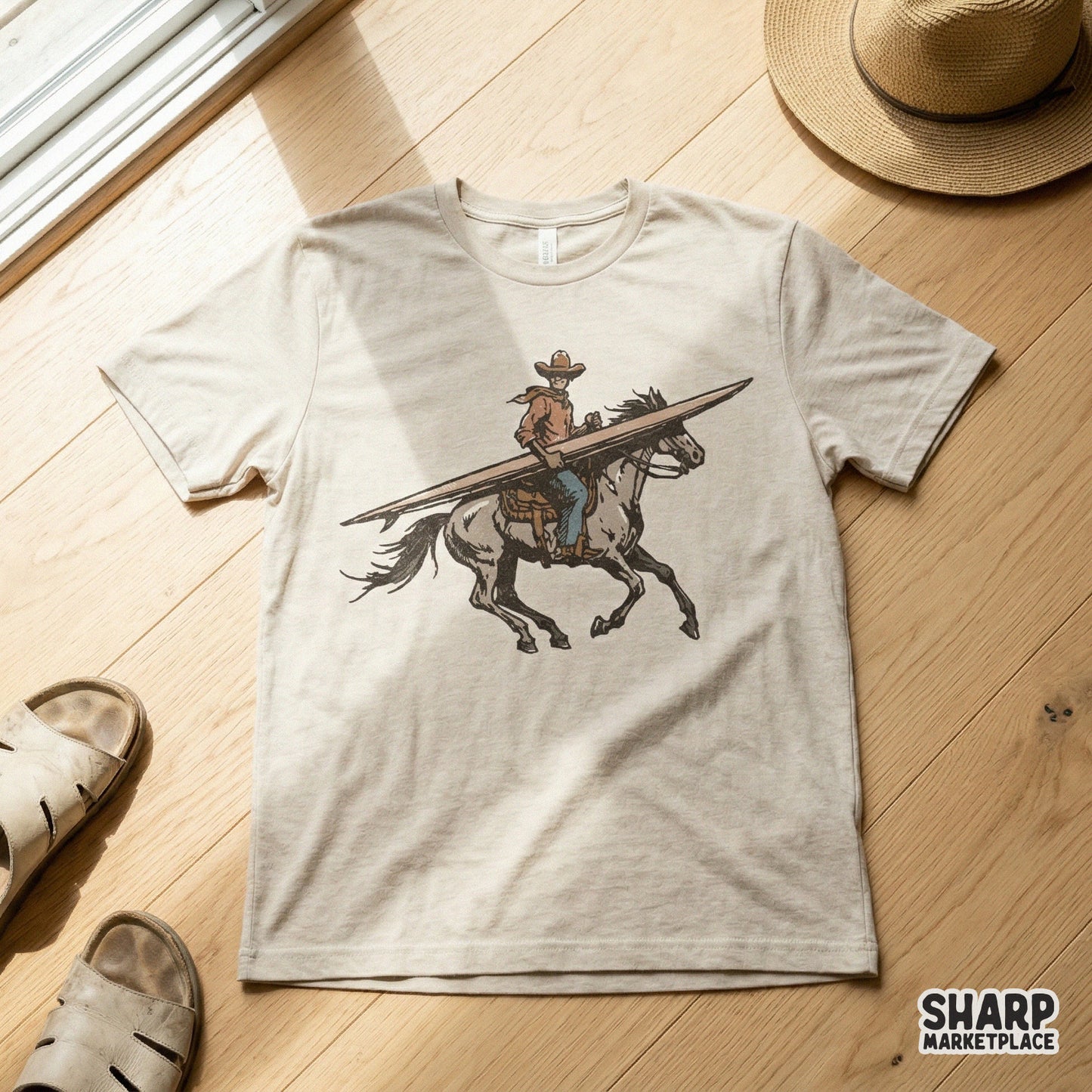 Distressed sketch-style cowboy surfer design with a muted earth-tone palette, ideal for custom t-shirts, stickers, and summer-themed DIY projects.