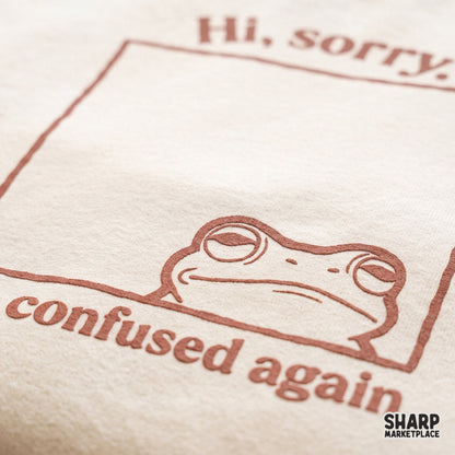 Funny confused frog meme design with Hi Sorry I'm Confused Again text in retro style for t-shirts