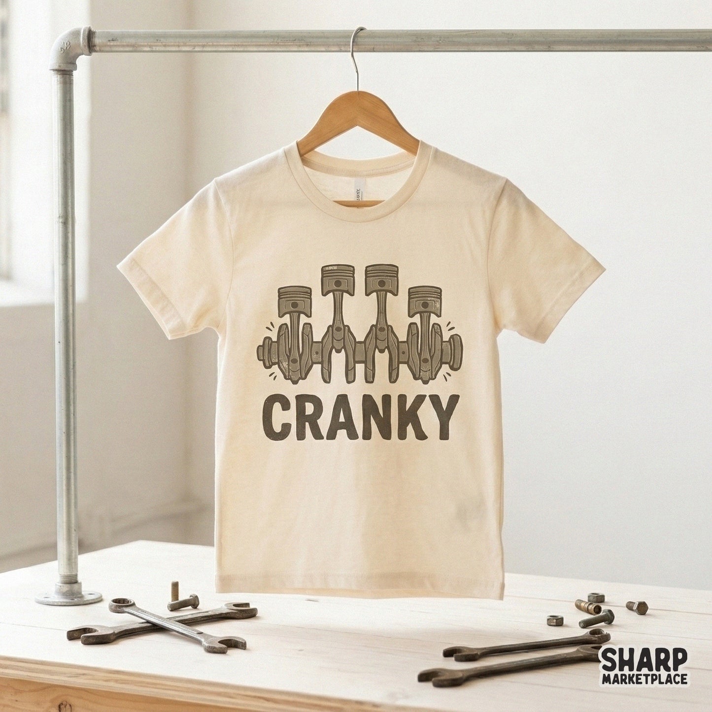 Distressed brown graphic of a four-cylinder crankshaft and pistons, perfect for mechanic-themed sublimation transfers, stickers, or custom shop shirts.