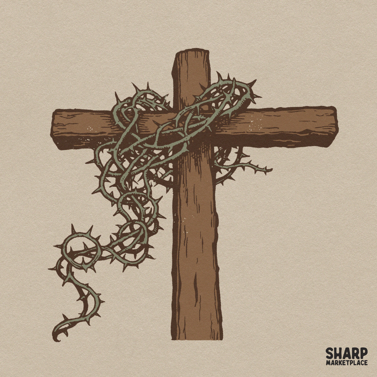 Wooden cross wrapped in thorny vines retro Christian PNG graphic design for Easter faith shirts and apparel