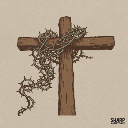 Wooden cross wrapped in thorny vines retro Christian PNG graphic design for Easter faith shirts and apparel