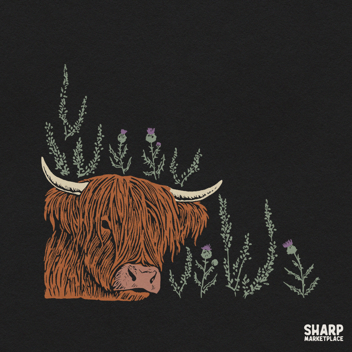 Scottish Highland cow with purple thistles vintage western sublimation PNG design for t-shirts