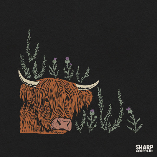 Scottish Highland cow with purple thistles vintage western sublimation PNG design for t-shirts
