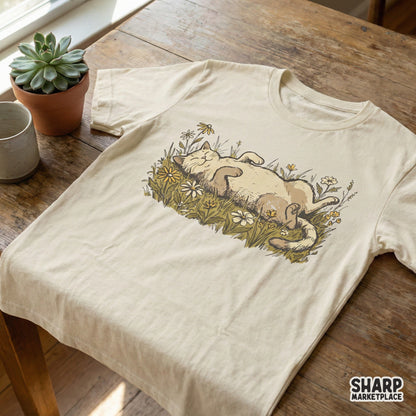 Lazy Cat in Wildflowers Relaxing PNG Digital Download, Cute Cat Lover Tee