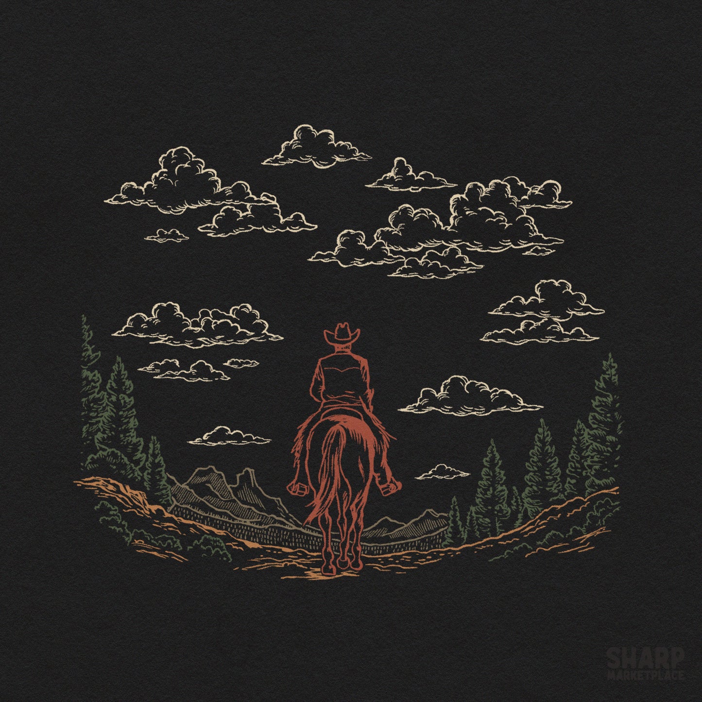 Vintage cowboy riding a horse into a mountain landscape in a retro wild west country music png design for shirts