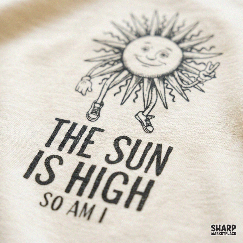 Retro sun peace sign graphic with funny stoner humor quote for 420 sublimation shirt designs