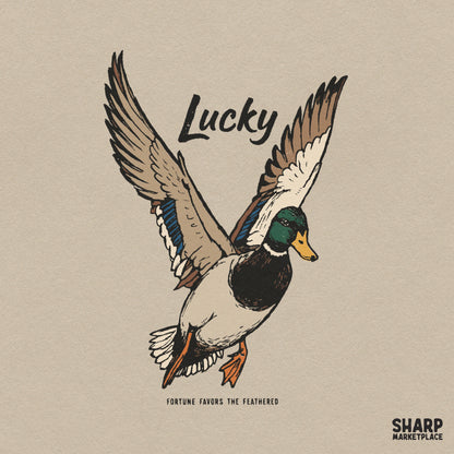 Retro western mallard duck hunting graphic for lucky fortune favors the feathered sublimation t-shirt design PNG