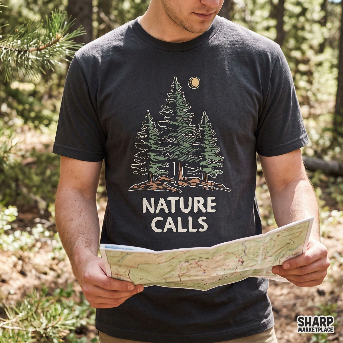 Retro pine trees and moon graphic digital PNG for nature lovers, camping shirts, and outdoor fall decor