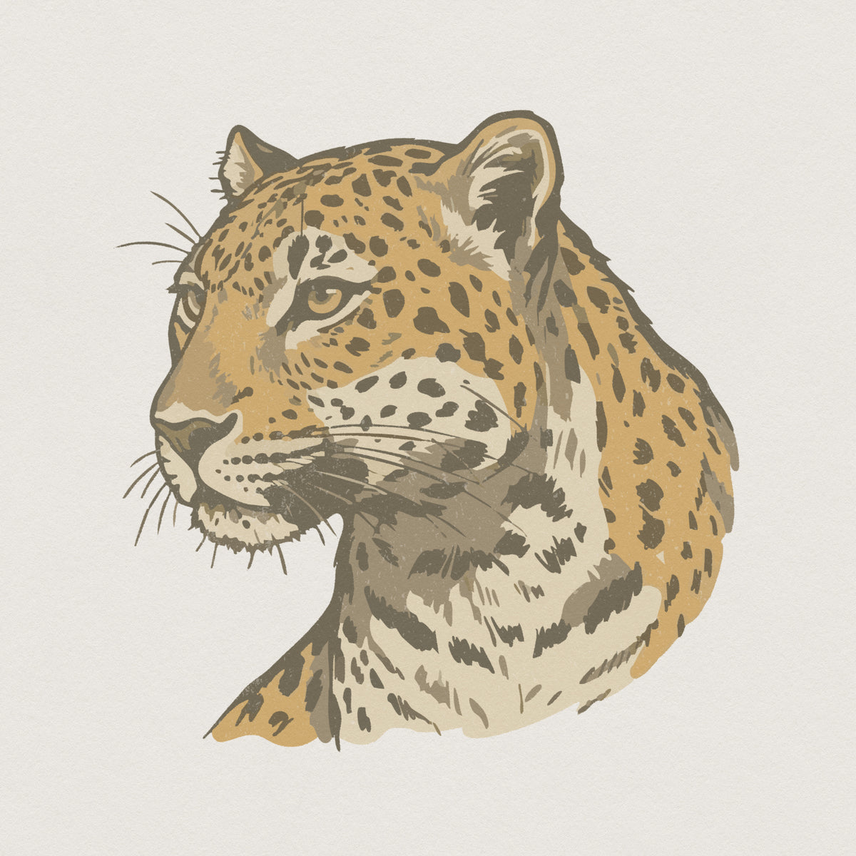 Vintage style leopard portrait PNG featuring a majestic wild cat with ochre and charcoal spots, perfect for safari-themed apparel and wall art.